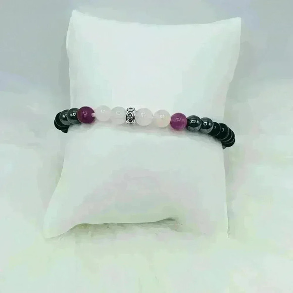 Black, Violet & Pink 6mm Stones beaded Bracelet - Picture 3 of 6